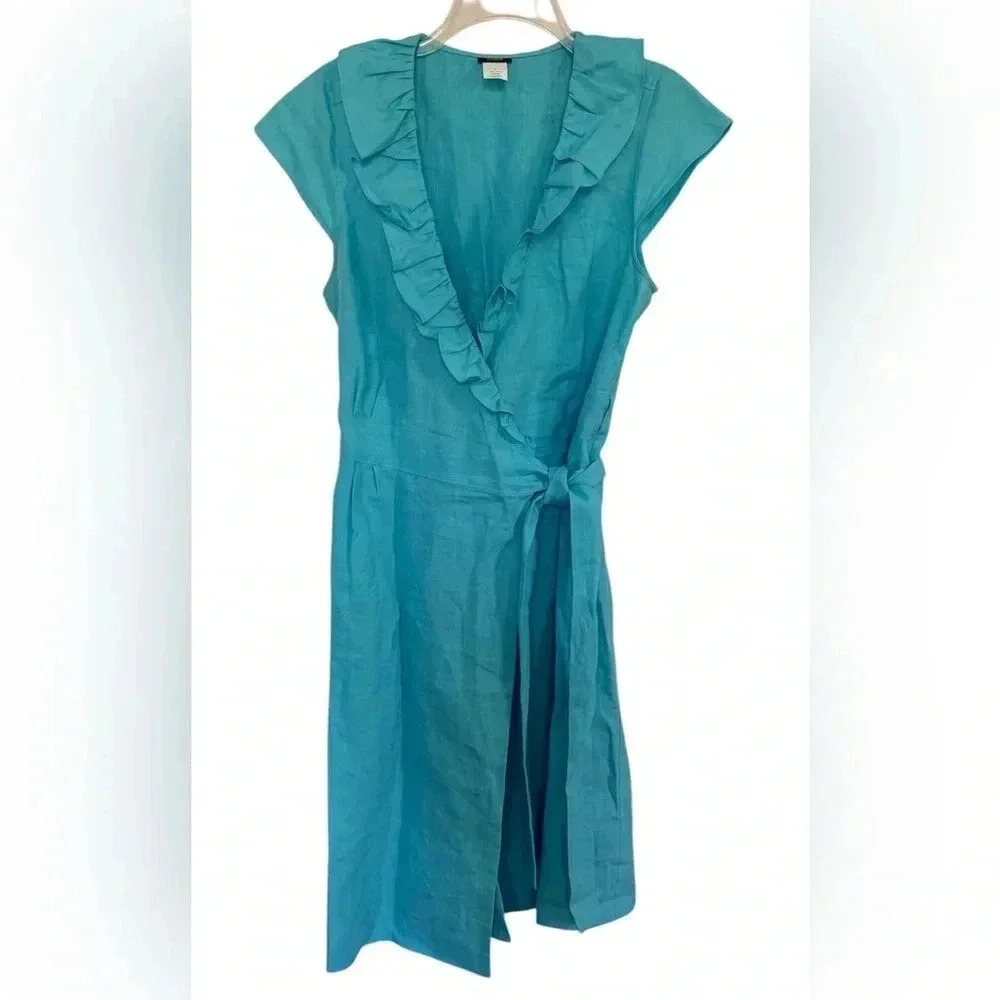 J Crew Linen Wrap Dress Size 12 turquoise
